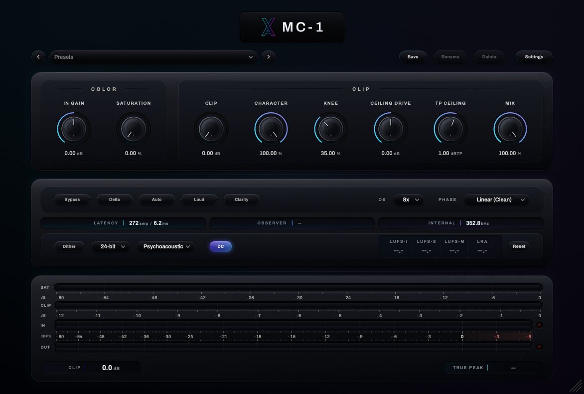 The MC-1 interface, showing the Color and Clip controls, the switches and readouts, and full-length saturation, clip, input and output meters.